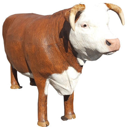 Cast aluminum bull statue with brown and white finish, ideal for yard or home decor