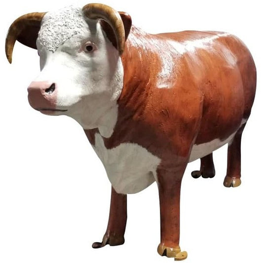 Cast aluminum bull statue with brown and white finish, ideal for yard or home decor