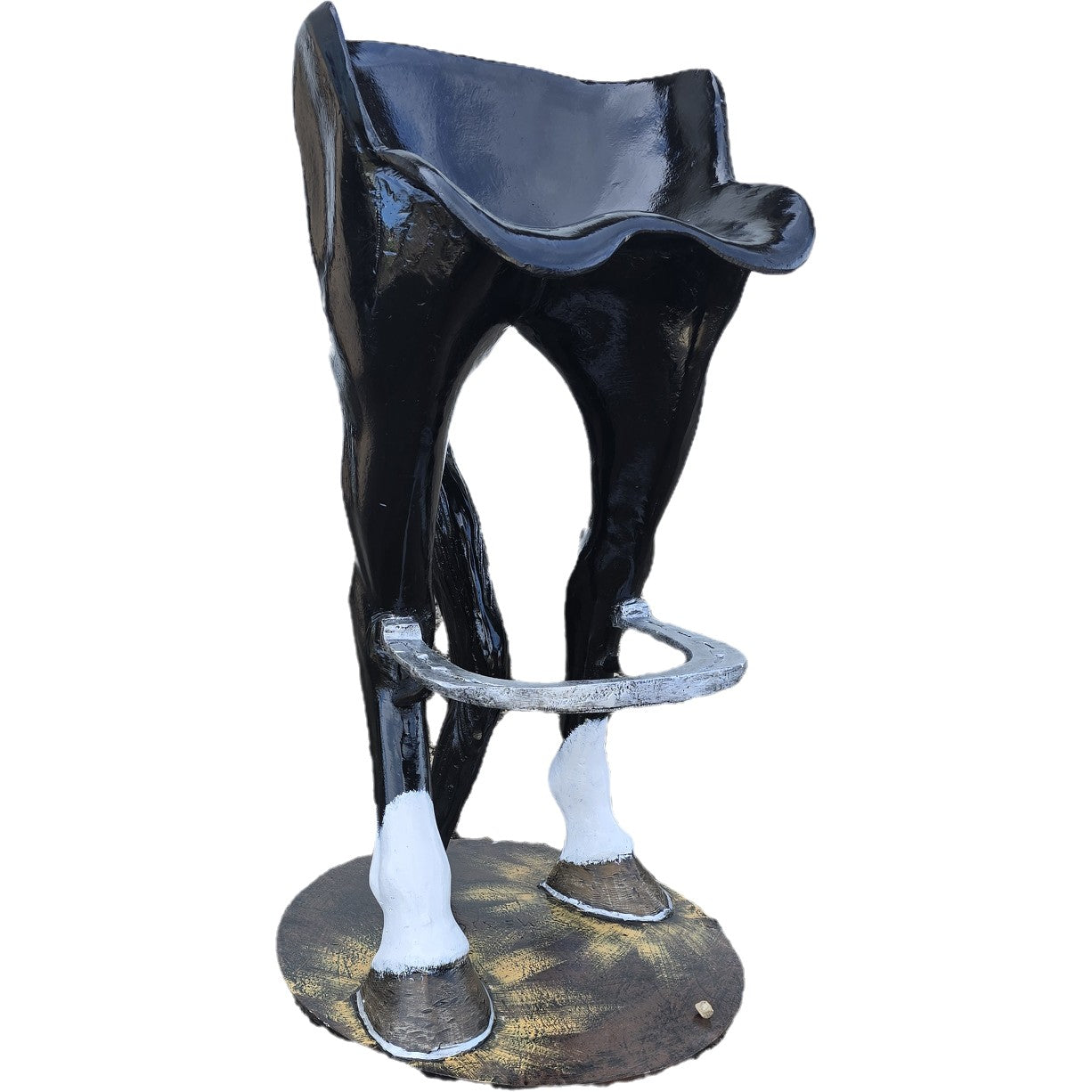 Black cast aluminum horse statue with white hooves and saddle seat for yard decor