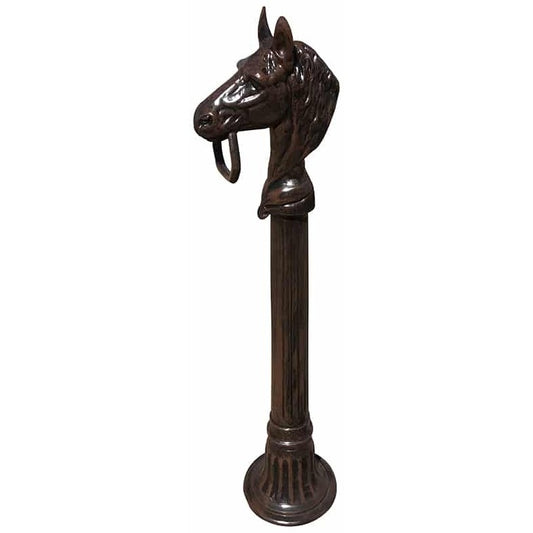 Cast aluminum horse head hitching post for yard or home decor, bronze finish with classic column base
