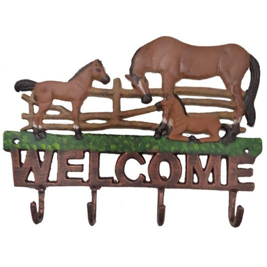 Cast aluminum horse welcome sign with hooks, rustic fence design, perfect for yard or home decor