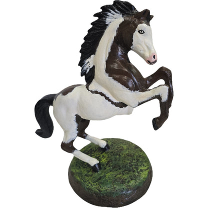 Cast aluminum rearing horse statue with brown and white paint, ideal for yard or home decor