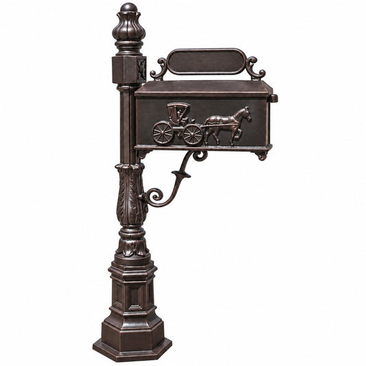 Cast aluminum mailbox with intricate details including a horse and carriage