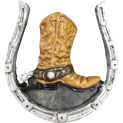 Cast aluminum cowboy boot and horseshoe wall decor for rustic home or yard accent