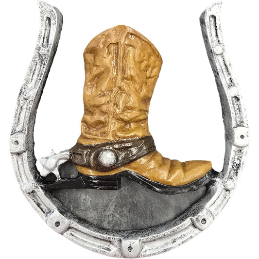 Cast aluminum cowboy boot and horseshoe wall decor for rustic home or yard accent