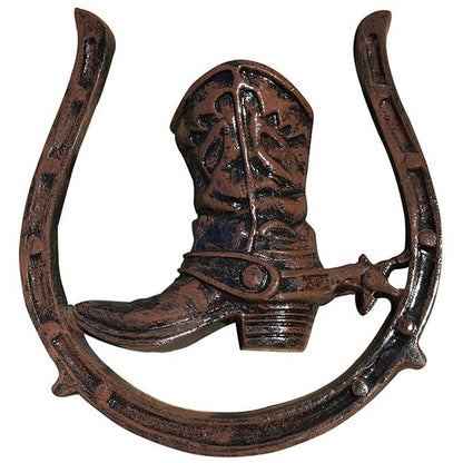 Cast aluminum cowboy boot and horseshoe wall decor for rustic home or yard