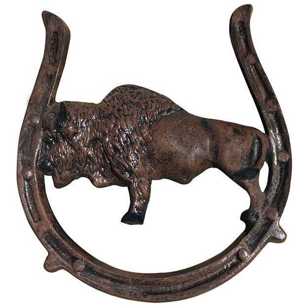 Cast aluminum bison statue within horseshoe frame, rustic home or yard decor