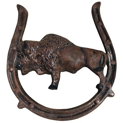 Cast aluminum bison statue within horseshoe frame, rustic home or yard decor