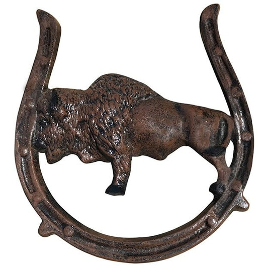 Cast aluminum bison statue within horseshoe frame, rustic yard decor