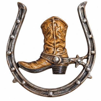 Cast aluminum cowboy boot and horseshoe wall decor for rustic home or yard