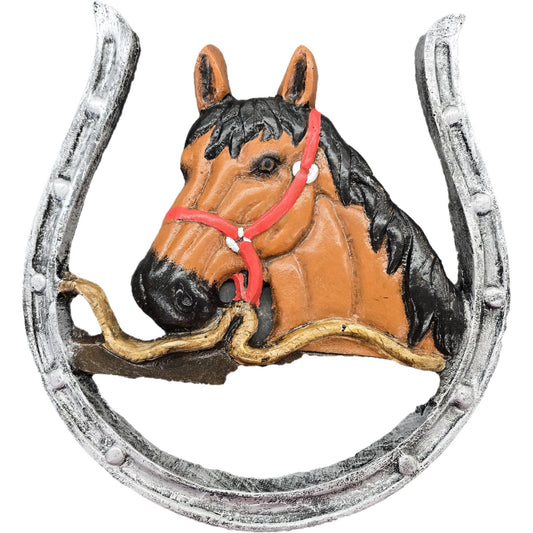Cast aluminum horse head statue with red bridle, framed in rustic horseshoe for yard or home decor