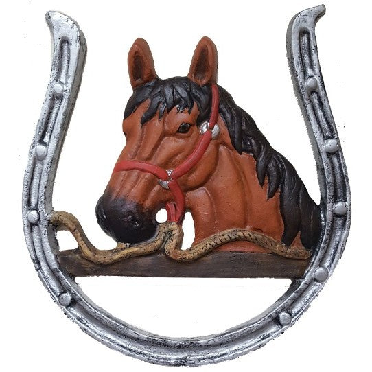 Cast aluminum horse head statue in horseshoe frame, rustic yard decor with red bridle