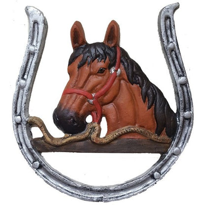 Cast aluminum horse head statue in horseshoe frame, rustic yard decor with red bridle