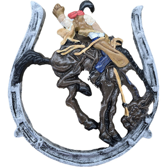 Cast aluminum cowboy on bucking horse wall decor, rustic Western statue for home or yard