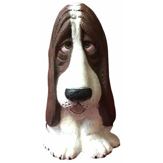 Cast aluminum Basset Hound statue for yard or home decor, detailed facial features, brown and white finish