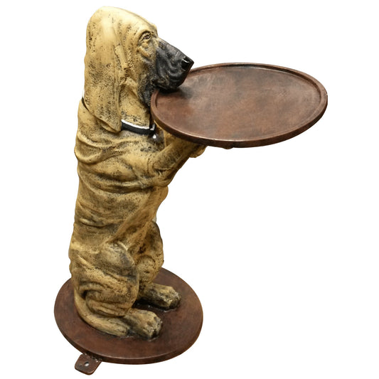 Cast aluminum dog statue holding tray, perfect for home or yard decor with rustic finish