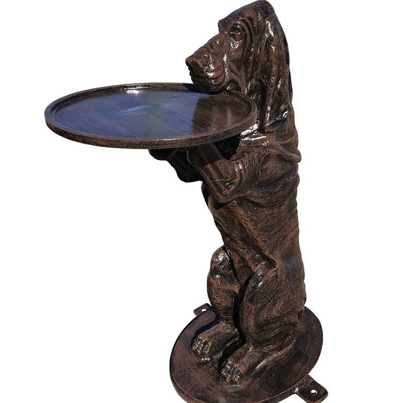 Cast aluminum dog statue holding tray, outdoor yard decor with rustic finish