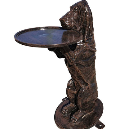 Cast aluminum dog statue holding tray, outdoor yard decor with rustic finish