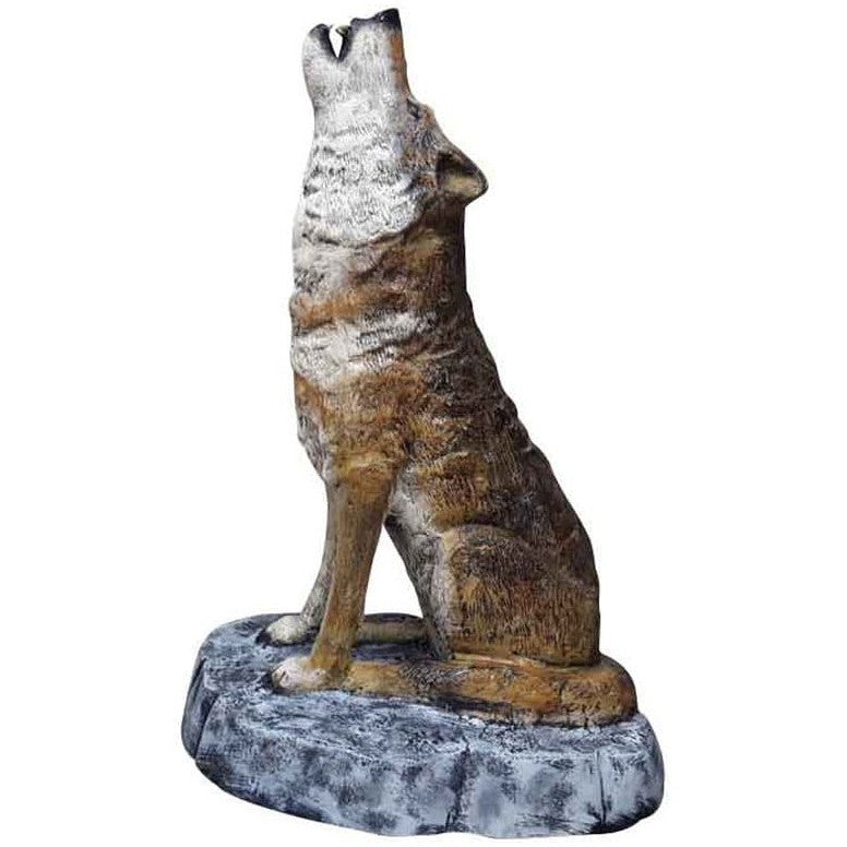 Cast aluminum howling wolf statue for yard or home decor, detailed craftsmanship on rocky base