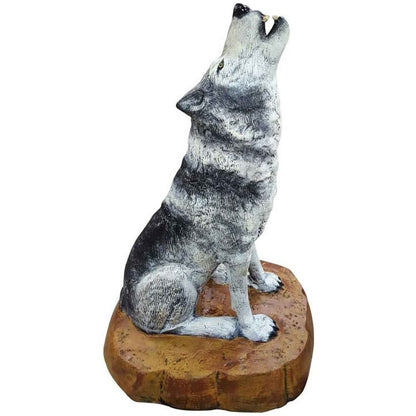 Cast aluminum howling wolf statue for yard or home decor, detailed fur texture on rock base