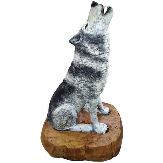 Cast aluminum howling wolf statue for yard or home decor, detailed fur texture on rock base
