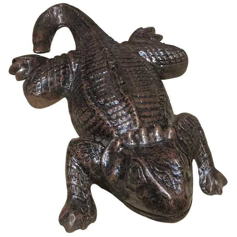 Cast aluminum alligator statue for yard or garden decor, detailed textured finish
