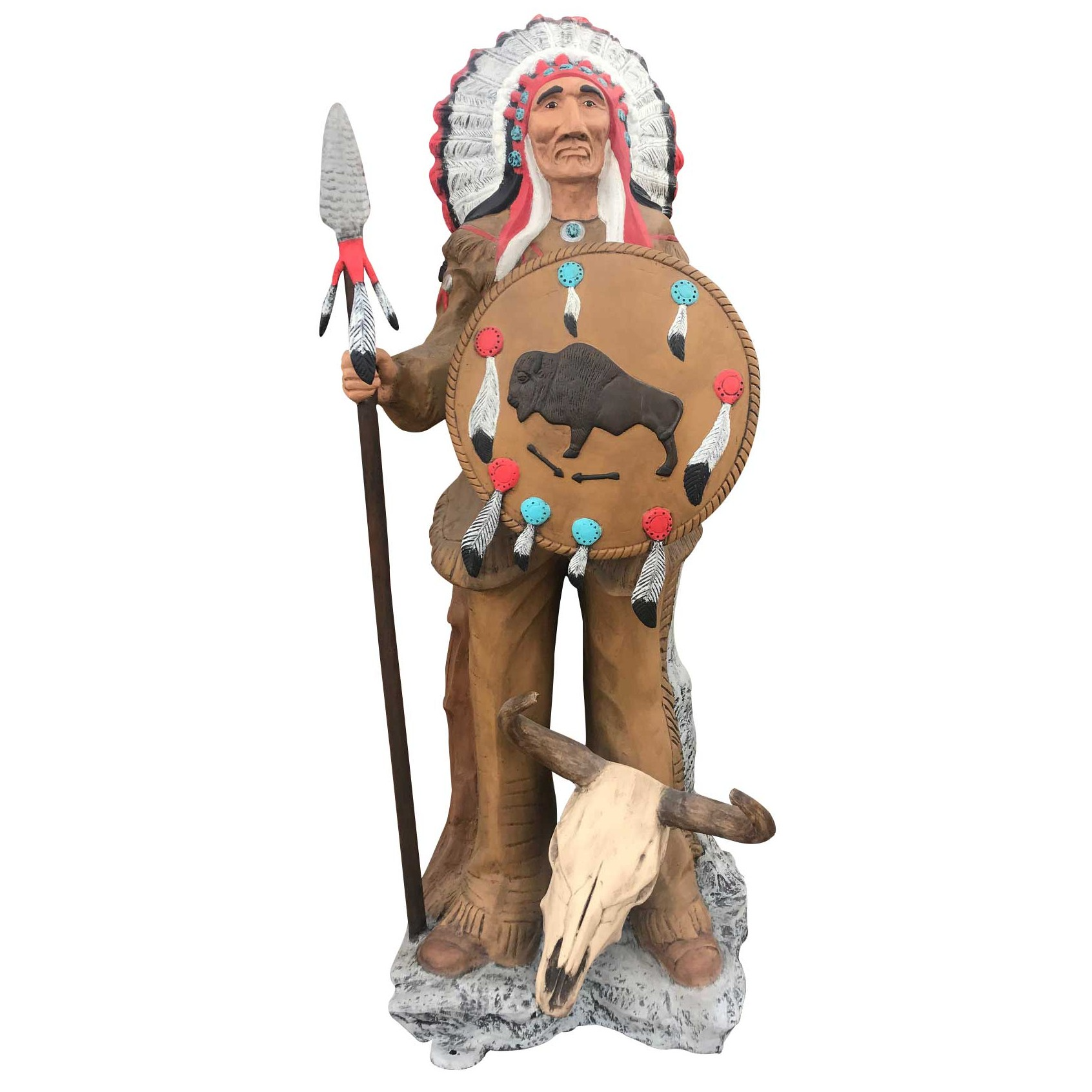 Native American chief statue with headdress, spear, buffalo shield, and skull base for yard decor