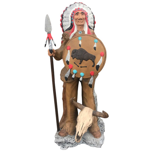 Native American chief statue with headdress, spear, buffalo shield, and skull base for yard decor