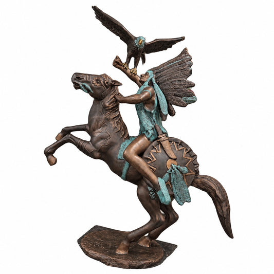 Cast aluminum rearing mustang with Indian and eagle for residential/commercial outdoor decor.