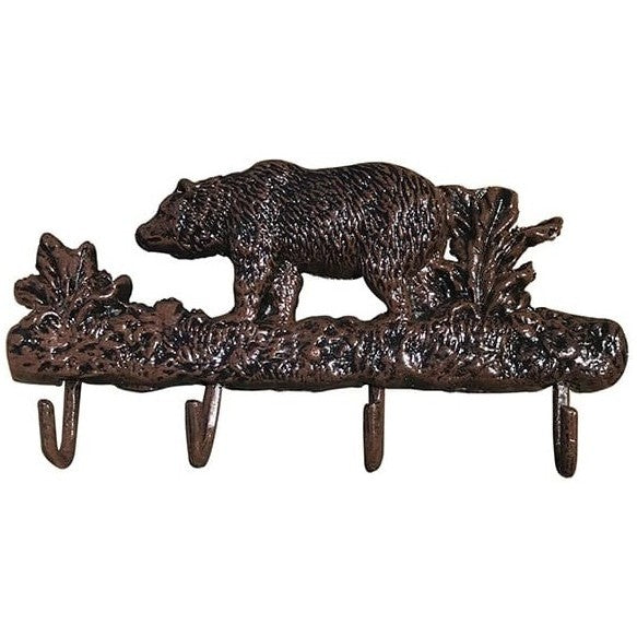 Cast aluminum bear wall hook with floral accents, rustic indoor or outdoor decor