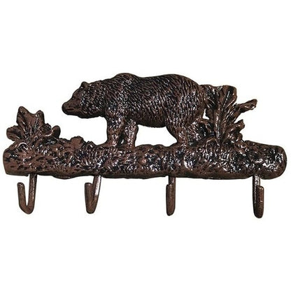 Cast aluminum bear wall hook with floral accents, rustic indoor or outdoor decor