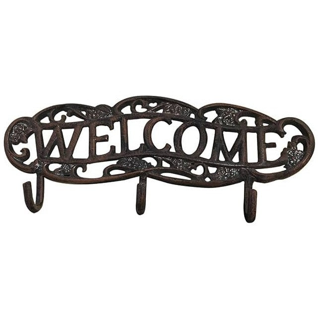 Cast aluminum welcome wall hook with ornate scroll design and three hooks for home or yard decor