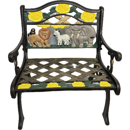Cast aluminum garden bench with lion, zebra, elephant, and yellow roses for backyard decor