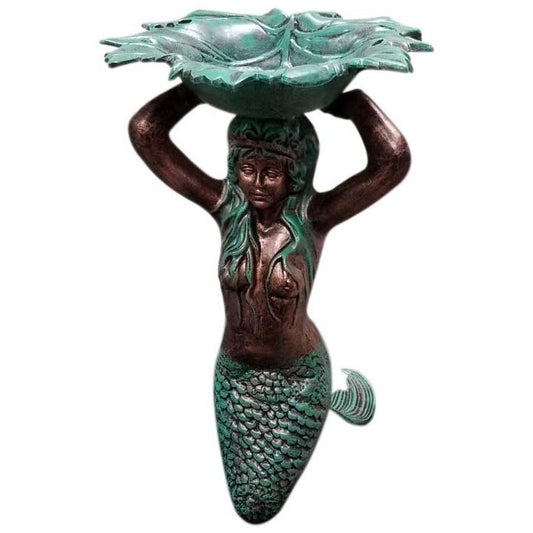 Cast aluminum mermaid statue holding lily pad bowl, garden decor with verdigris finish