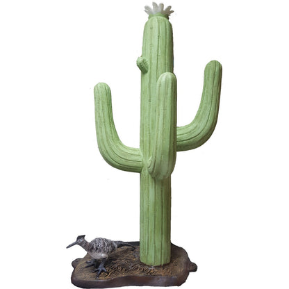 Cast aluminum saguaro cactus statue with desert bird, perfect for yard or home decor