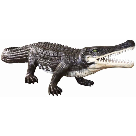 Cast aluminum alligator statue with open mouth, detailed scales, for yard or home decor