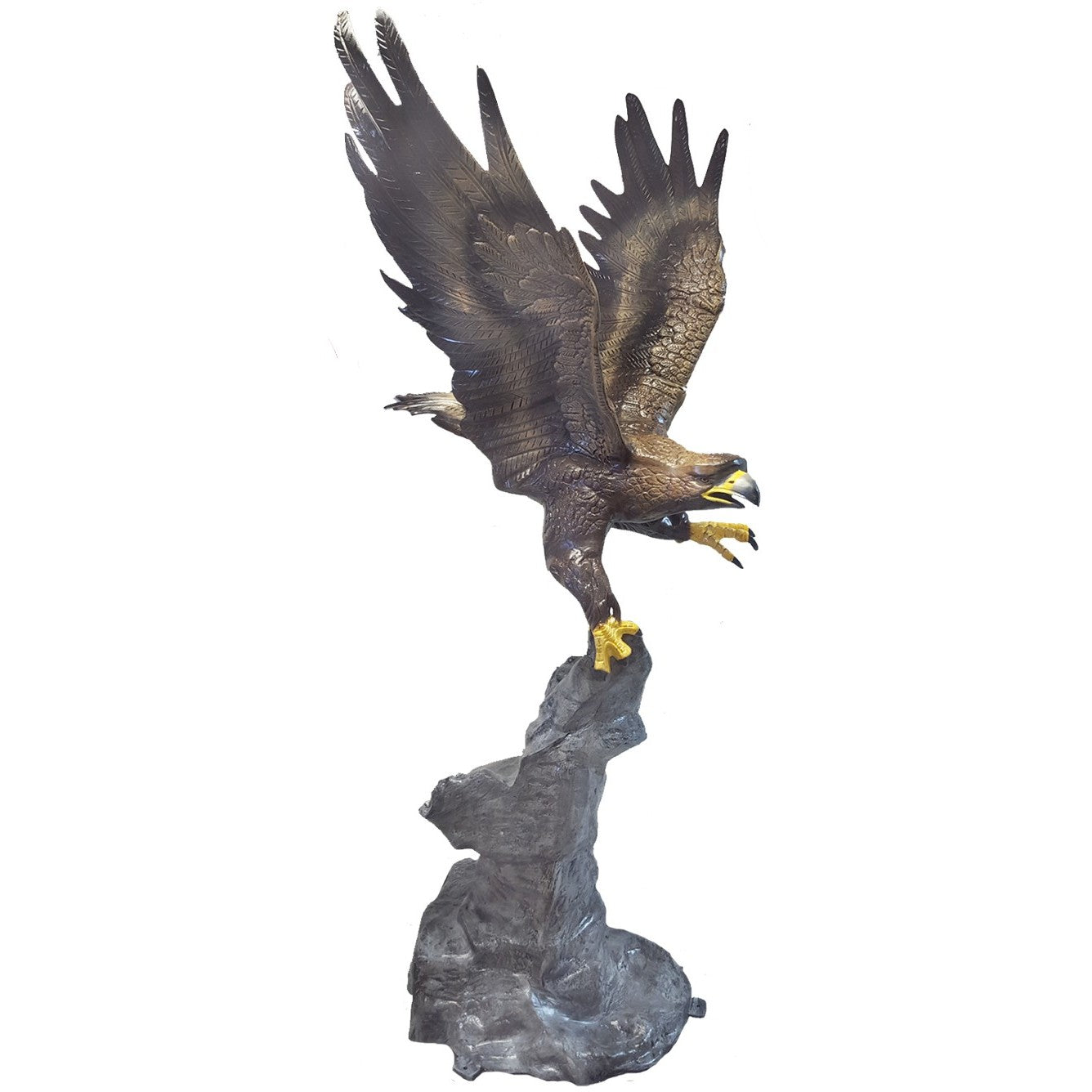 Cast aluminum eagle statue with outstretched wings perched on rock base for yard or home decor