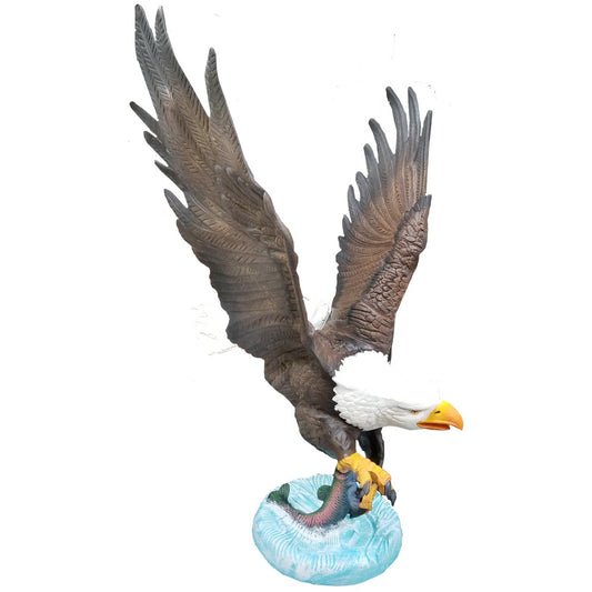 Cast aluminum bald eagle statue with spread wings, clutching fish on water base, for yard or home decor