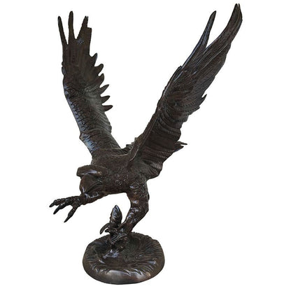 Cast aluminum eagle statue with wings spread, perched on base, for yard or home decor