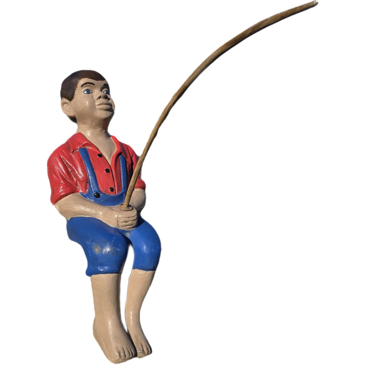 Cast aluminum boy statue fishing, red shirt blue overalls, garden decor