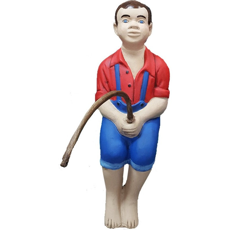 Cast aluminum boy statue in red shirt and blue overalls holding a stick, garden decor