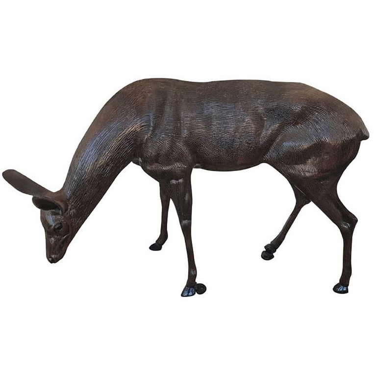Cast aluminum deer statue grazing, perfect for yard or garden decor with detailed craftsmanship.