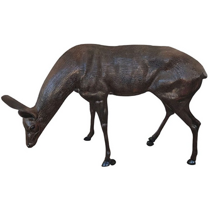 Cast aluminum deer statue grazing, perfect for yard or garden decor with detailed craftsmanship.
