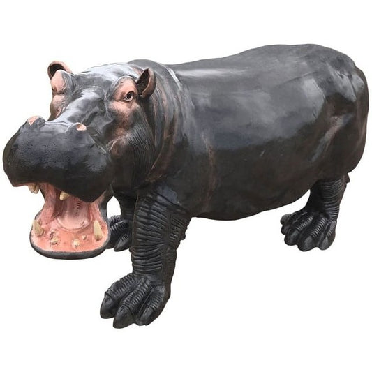 Cast aluminum hippo statue with open mouth, ideal for yard or home decor