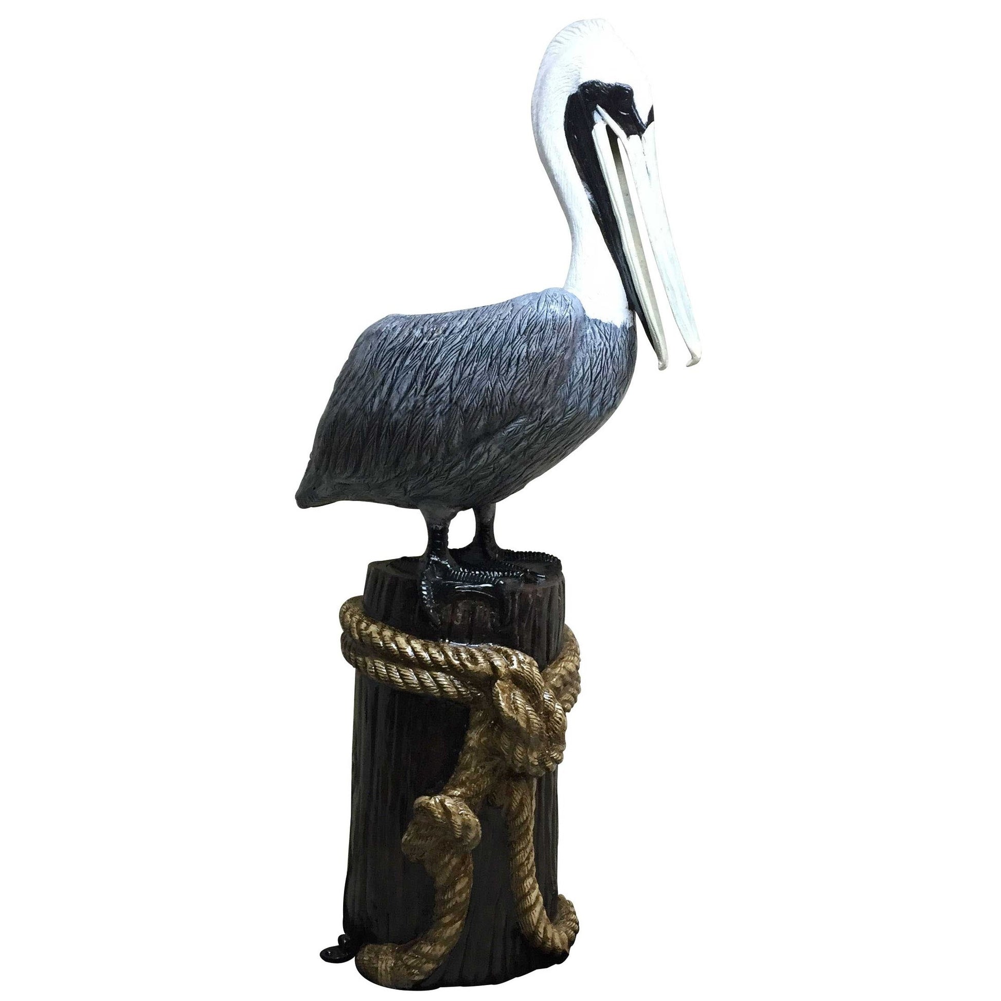Cast aluminum pelican statue perched on post with rope, outdoor yard decor