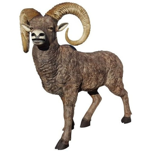 Cast aluminum bighorn sheep statue for yard or home decor with detailed curly horns and textured fur