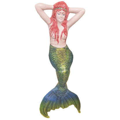 Cast aluminum mermaid statue with red hair and green-blue tail for yard or home decor
