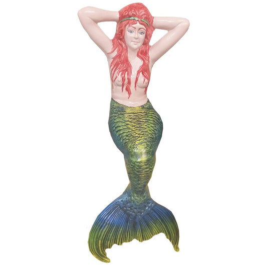 Cast aluminum mermaid statue with red hair and green-blue tail for yard or home decor