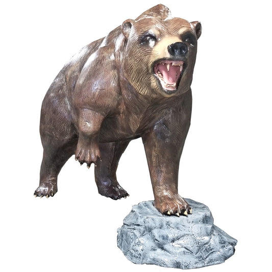 Cast aluminum bear statue roaring on rock base, outdoor yard decor