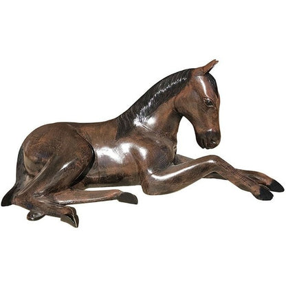 Cast aluminum lying horse statue for yard or home decor, rustic bronze finish